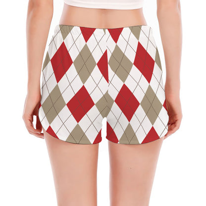 White Red And Beige Argyle Pattern Print Women's Split Running Shorts
