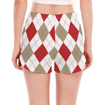 White Red And Beige Argyle Pattern Print Women's Split Running Shorts