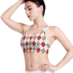 White Red And Beige Argyle Pattern Print Women's Sports Bra