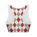 White Red And Beige Argyle Pattern Print Women's Sports Bra