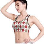 White Red And Beige Argyle Pattern Print Women's Sports Bra