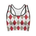 White Red And Beige Argyle Pattern Print Women's Sports Bra