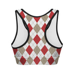 White Red And Beige Argyle Pattern Print Women's Sports Bra