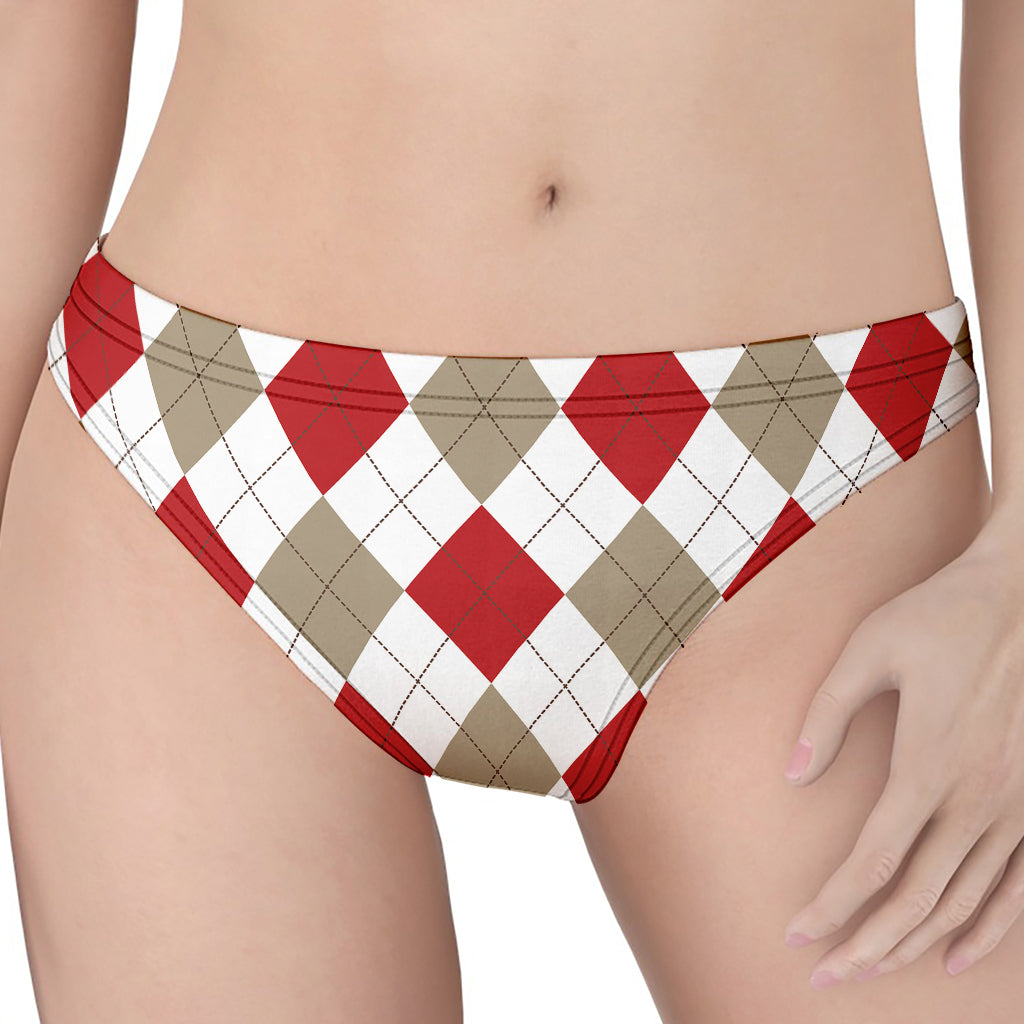 White Red And Beige Argyle Pattern Print Women's Thong