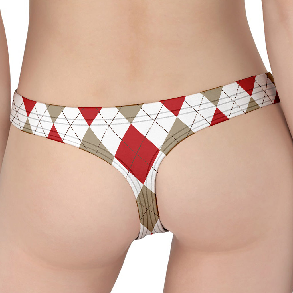 White Red And Beige Argyle Pattern Print Women's Thong