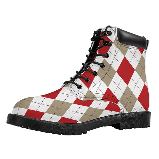 White Red And Beige Argyle Pattern Print Work Boots