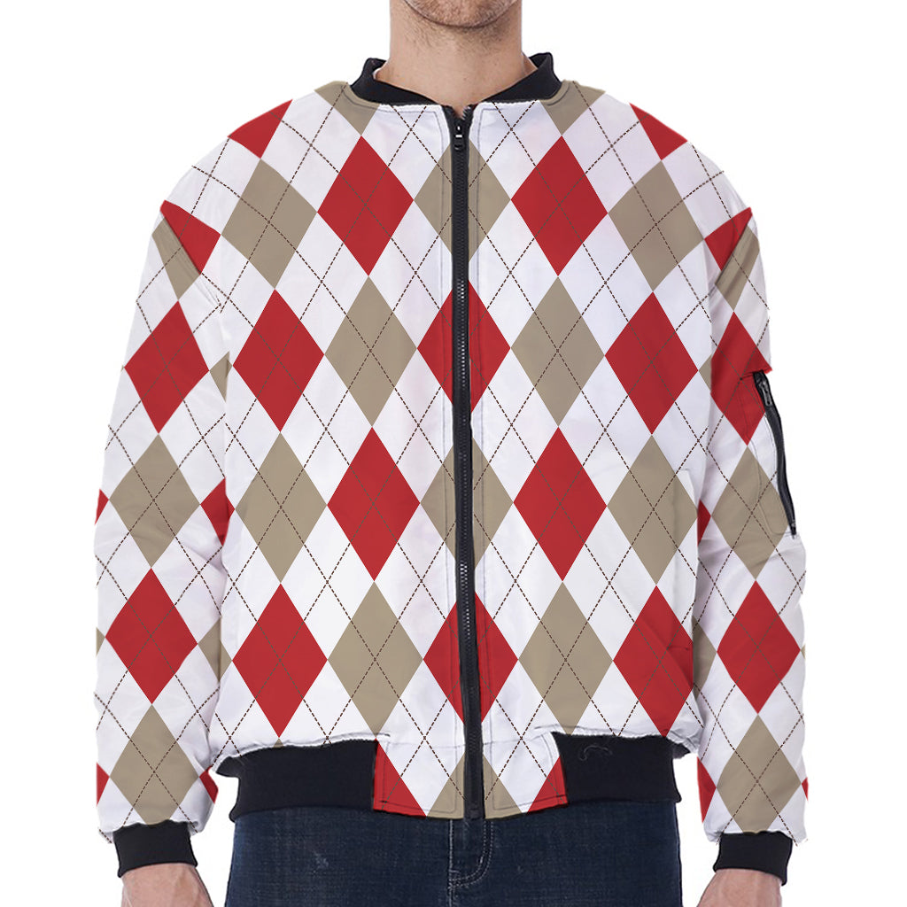 White Red And Beige Argyle Pattern Print Zip Sleeve Bomber Jacket
