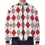 White Red And Beige Argyle Pattern Print Zip Sleeve Bomber Jacket