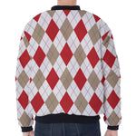 White Red And Beige Argyle Pattern Print Zip Sleeve Bomber Jacket
