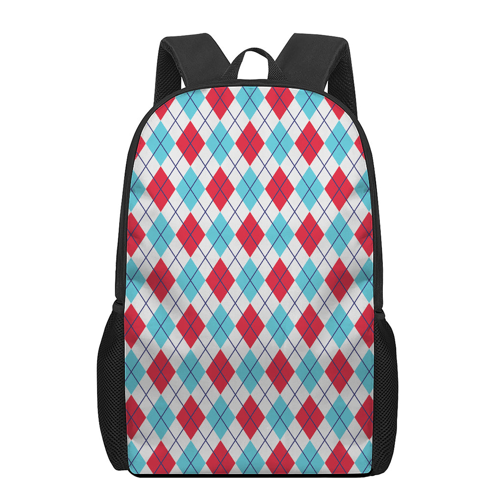 White Red And Blue Argyle Pattern Print 17 Inch Backpack