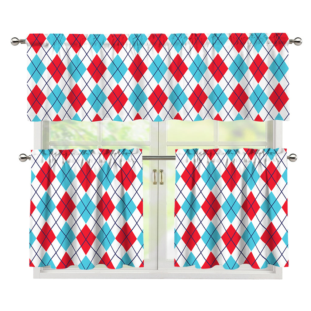 White Red And Blue Argyle Pattern Print 3 Piece Kitchen Curtains