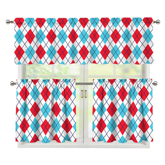 White Red And Blue Argyle Pattern Print 3 Piece Kitchen Curtains