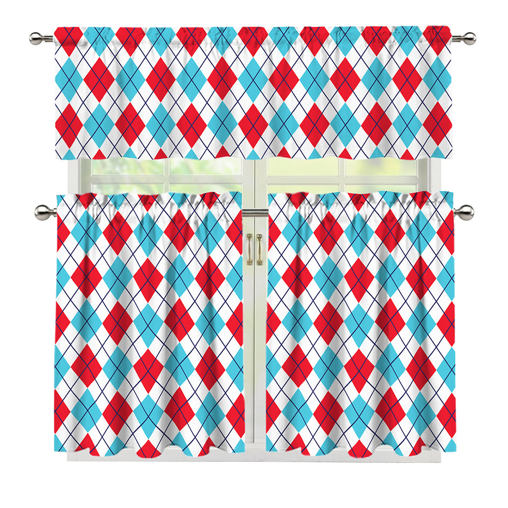 White Red And Blue Argyle Pattern Print 3 Piece Kitchen Curtains