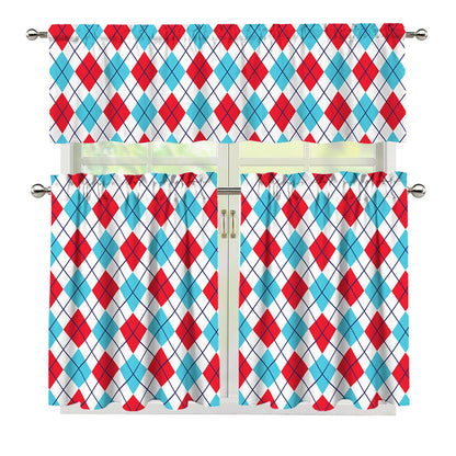 White Red And Blue Argyle Pattern Print 3 Piece Kitchen Curtains