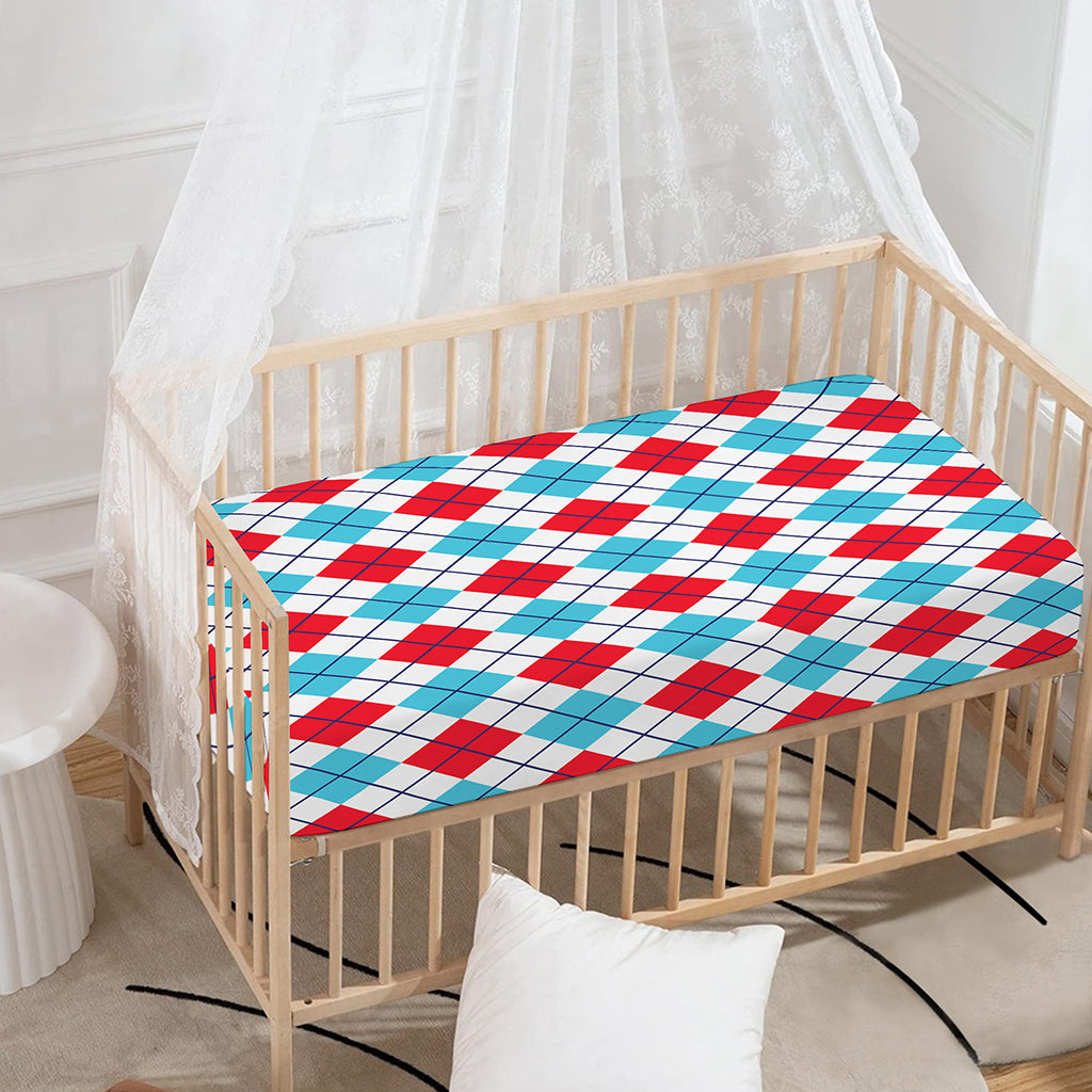 White Red And Blue Argyle Pattern Print Baby Crib Sheet