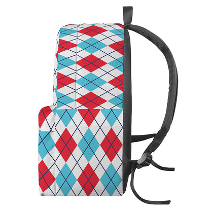 White Red And Blue Argyle Pattern Print Backpack