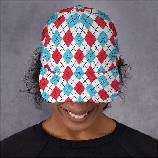 White Red And Blue Argyle Pattern Print Baseball Cap