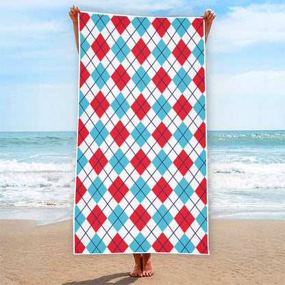 White Red And Blue Argyle Pattern Print Beach Towel