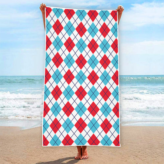 White Red And Blue Argyle Pattern Print Beach Towel