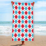 White Red And Blue Argyle Pattern Print Beach Towel