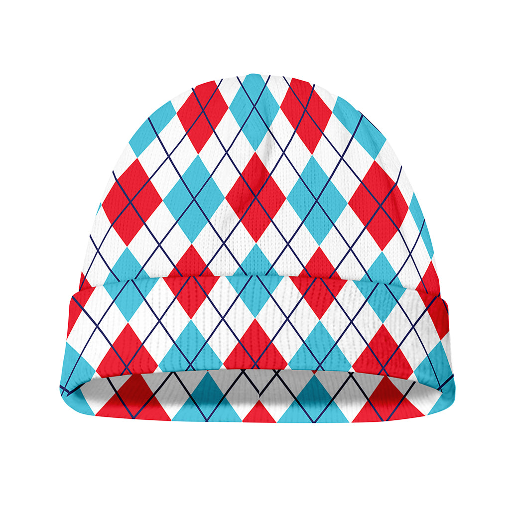 White Red And Blue Argyle Pattern Print Beanie