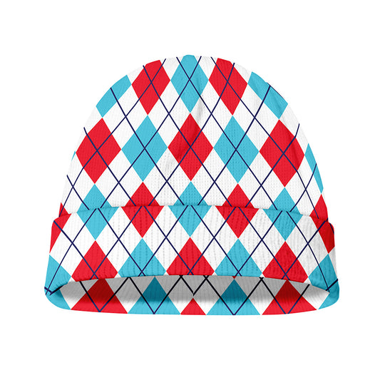 White Red And Blue Argyle Pattern Print Beanie