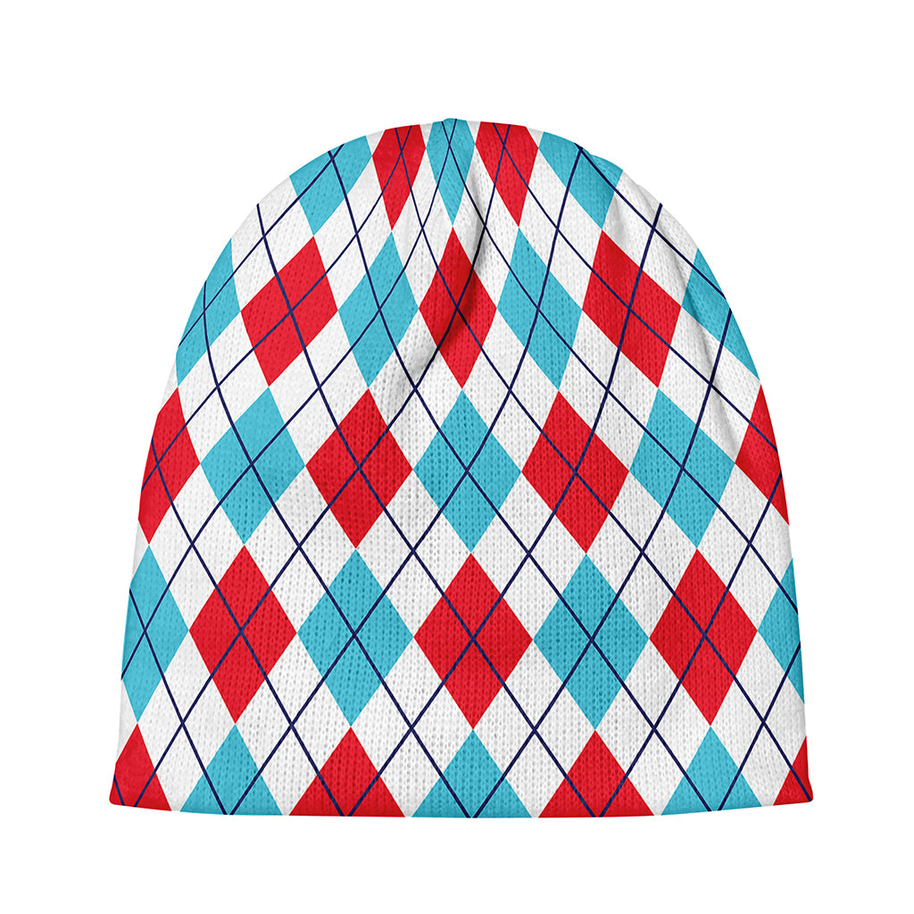 White Red And Blue Argyle Pattern Print Beanie