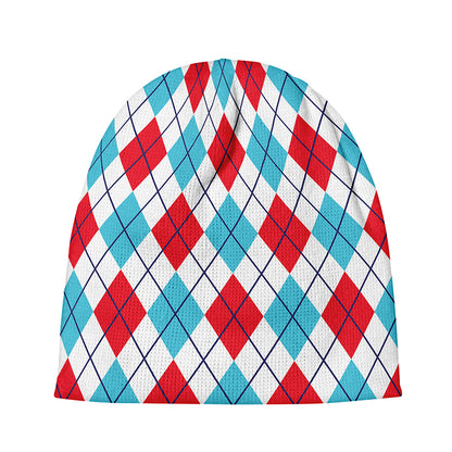 White Red And Blue Argyle Pattern Print Beanie