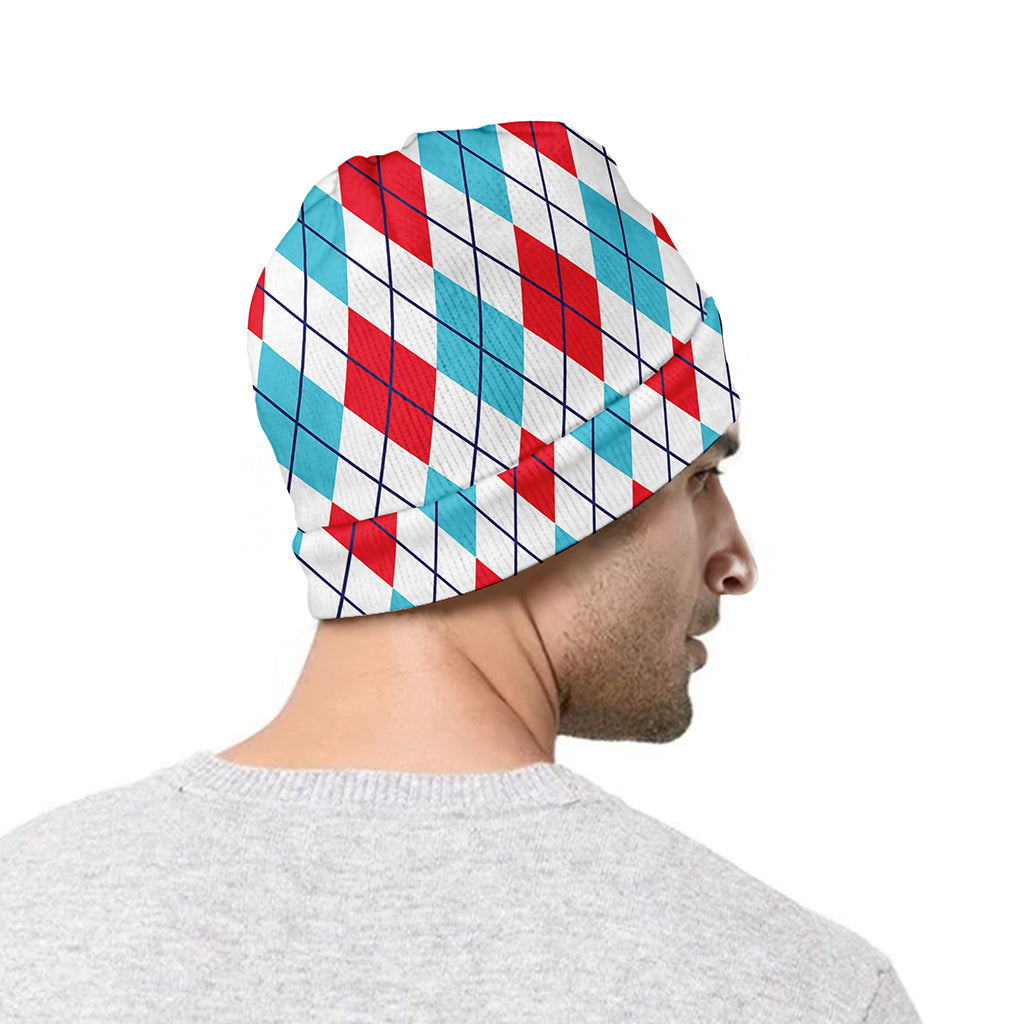 White Red And Blue Argyle Pattern Print Beanie