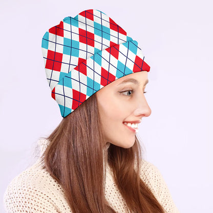 White Red And Blue Argyle Pattern Print Beanie