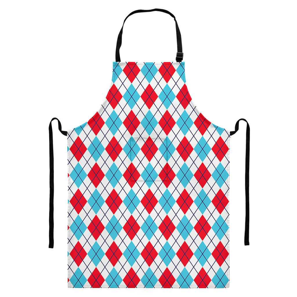 White Red And Blue Argyle Pattern Print Bib Apron With Pocket