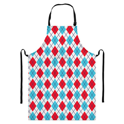 White Red And Blue Argyle Pattern Print Bib Apron With Pocket