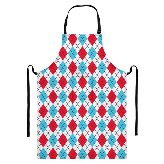 White Red And Blue Argyle Pattern Print Bib Apron With Pocket