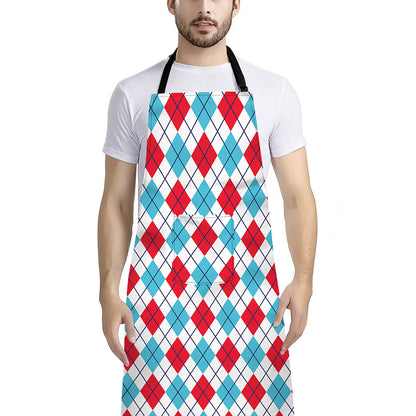 White Red And Blue Argyle Pattern Print Bib Apron With Pocket