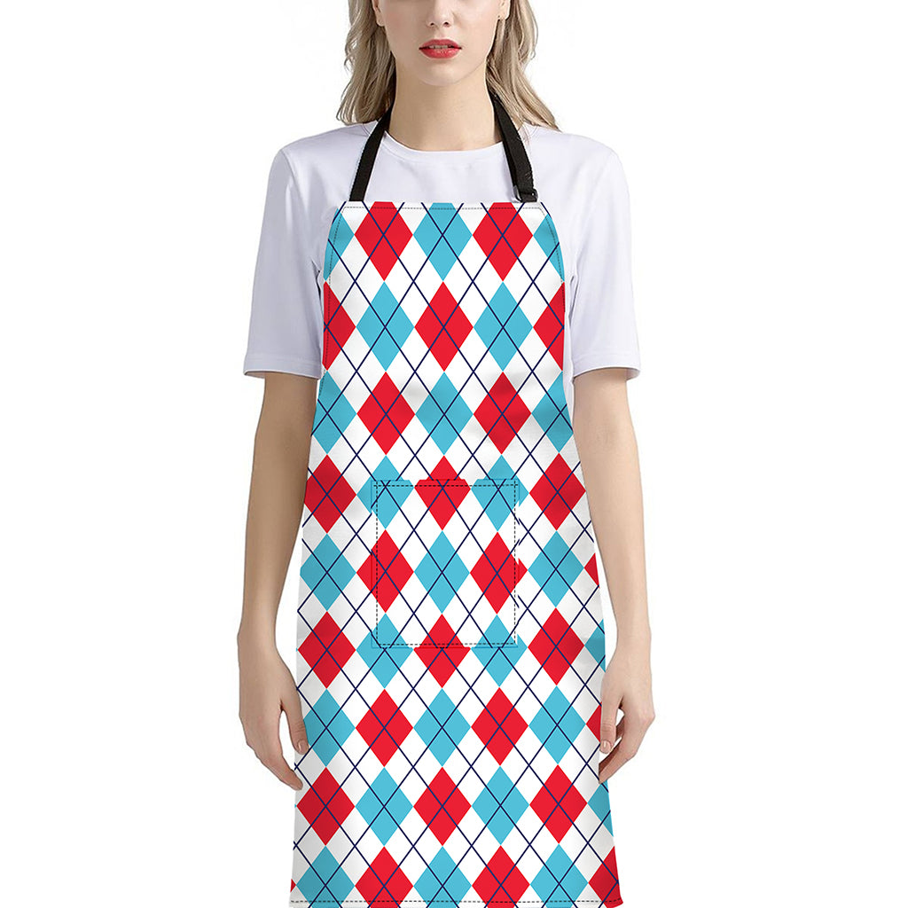 White Red And Blue Argyle Pattern Print Bib Apron With Pocket