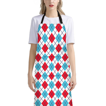 White Red And Blue Argyle Pattern Print Bib Apron With Pocket