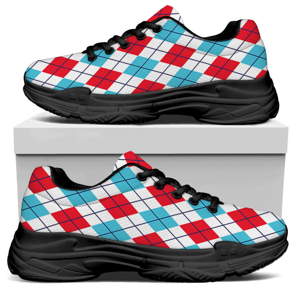 White Red And Blue Argyle Pattern Print Black Chunky Shoes
