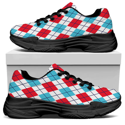 White Red And Blue Argyle Pattern Print Black Chunky Shoes