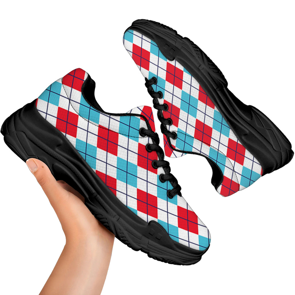 White Red And Blue Argyle Pattern Print Black Chunky Shoes