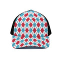 White Red And Blue Argyle Pattern Print Black Mesh Trucker Hat