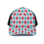 White Red And Blue Argyle Pattern Print Black Mesh Trucker Cap