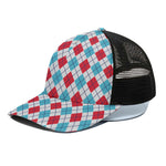 White Red And Blue Argyle Pattern Print Black Mesh Trucker Cap