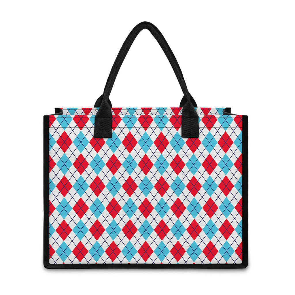 White Red And Blue Argyle Pattern Print Canvas Tote Bag