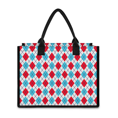 White Red And Blue Argyle Pattern Print Canvas Tote Bag