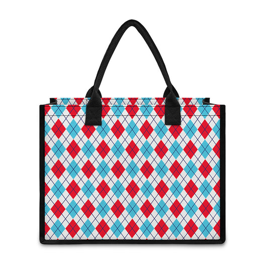 White Red And Blue Argyle Pattern Print Canvas Tote Bag