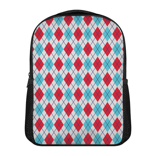 White Red And Blue Argyle Pattern Print Casual Backpack