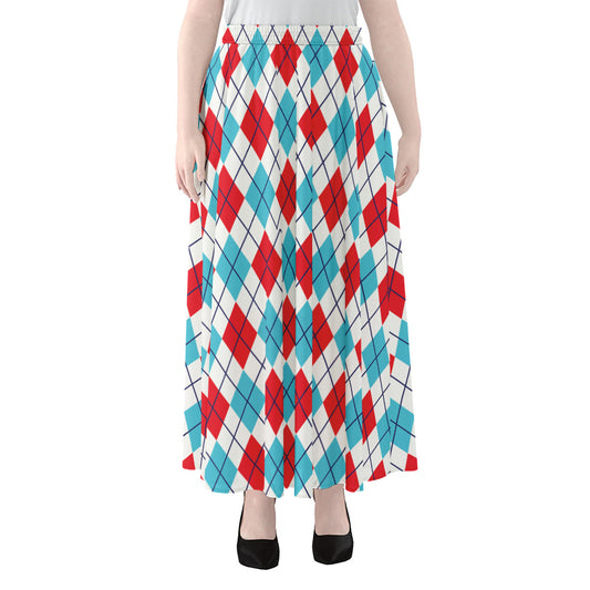 White Red And Blue Argyle Pattern Print Chiffon Maxi Skirt
