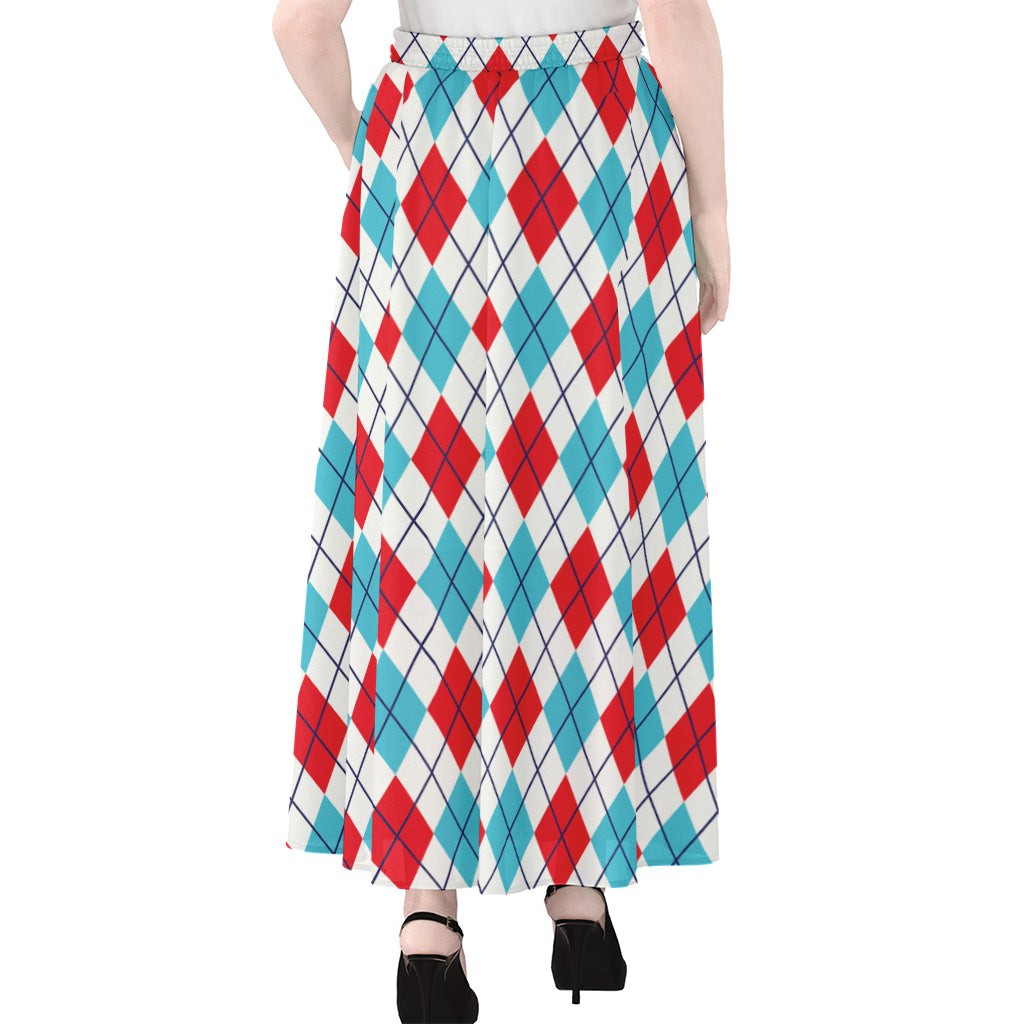 White Red And Blue Argyle Pattern Print Chiffon Maxi Skirt