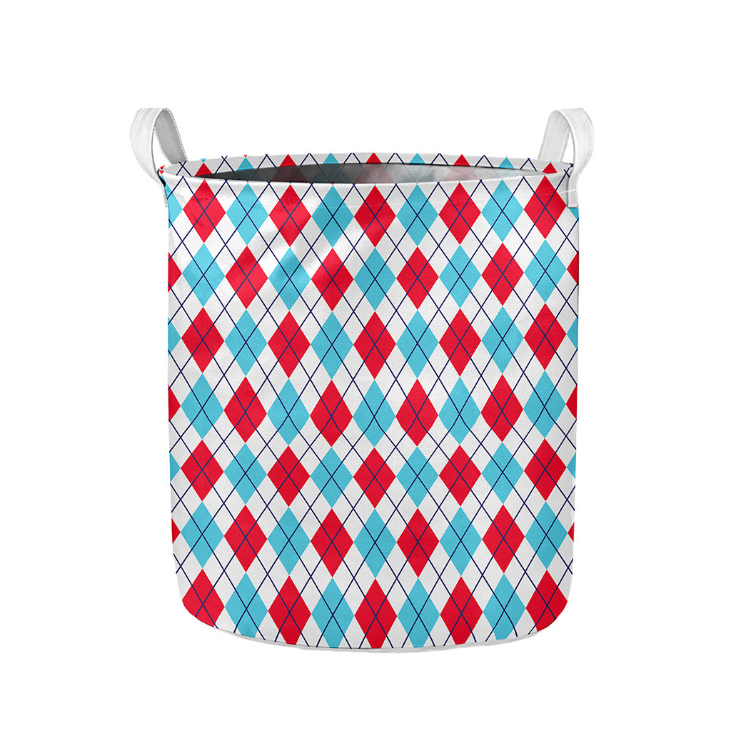 White Red And Blue Argyle Pattern Print Collapsible Laundry Basket