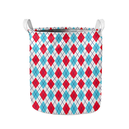 White Red And Blue Argyle Pattern Print Collapsible Laundry Basket